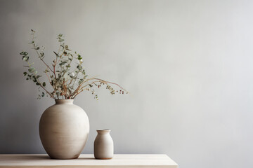 White clay vase with branch of tree standing on wooden table on minimal wall banner background. Scandinavian style interior design