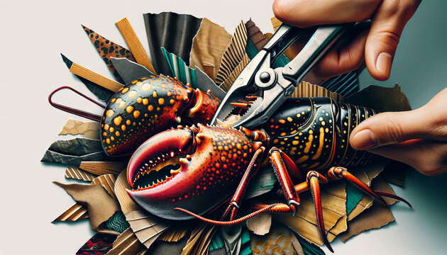 A visually intriguing image, created in the style of a paper and fabric collage, featuring a close-up of a hand cracking a lobster claw.