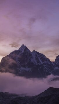 Taboche and Cholatse Mountains at Sunset. Himalaya, Nepal. Timelapse. Vertical Video