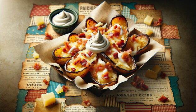 An artistically crafted image, resembling a paper and fabric collage, featuring a medium shot of a loaded potato skin appetizer.