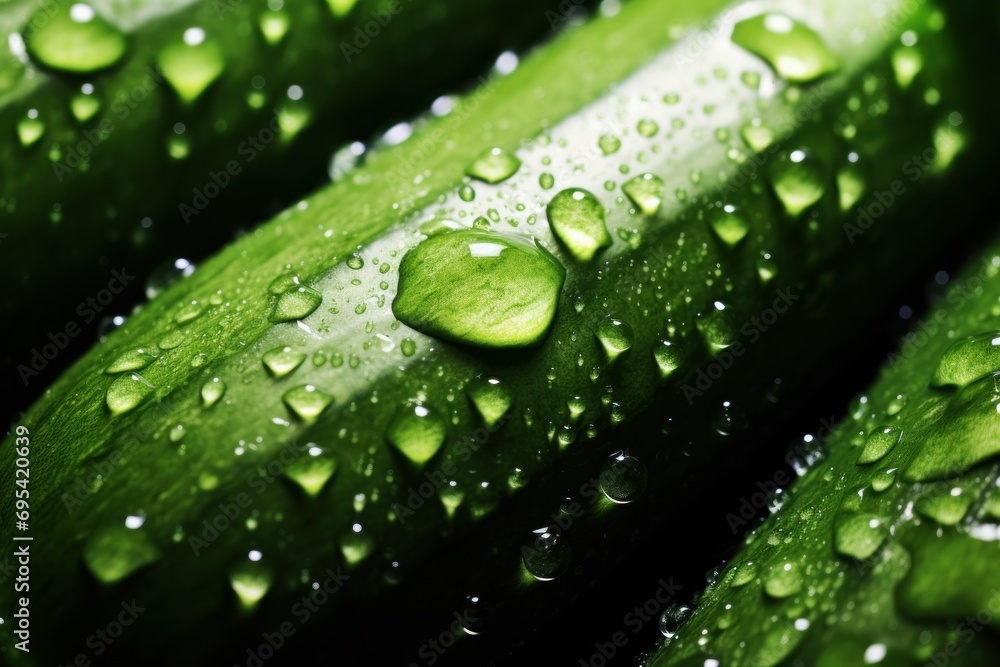 Poster a close up of a bunch of cucumbers with drops of water on the top of the cucumbers and the bottom of
