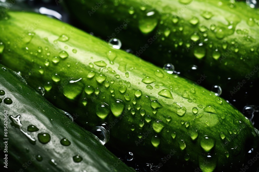 Aufkleber three cucumbers with water droplets on them sitting on top of a pile of other cucumbers with drops o