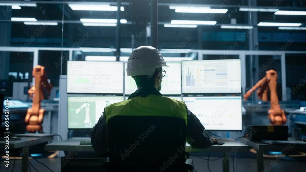 Poster Backview To Close Up Of Caucasian Male Engineer Using Multi Monitor Workstation To Control Production Of Machinery on Autonomous Assembly Line With Robotic Arms. Cinematic Arc SHot