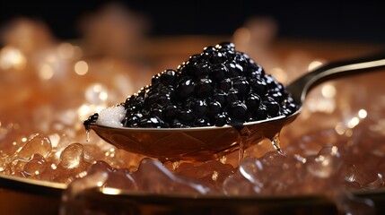 Black caviar on ice with pearl spoon. Ai generative - obrazy, fototapety, plakaty