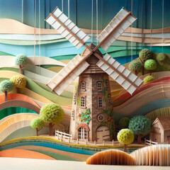 A paper and fabric re-creation of an old-fashioned windmill with paper sails. - obrazy, fototapety, plakaty