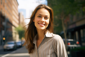 Smiling Businesswoman Embracing City Life in Casual Attire