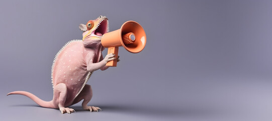 Chameleon announcing using megaphone. Notifying, warning, announcement.