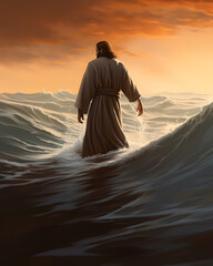 Fototapeta na wymiar Back view of Jesus Christ walking on water at sea.