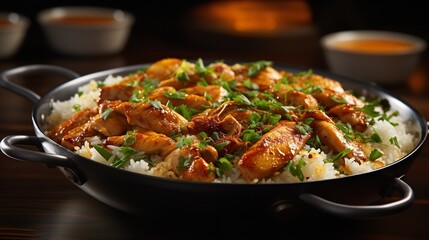 chicken over rice in aluminum bowl. Ai generative