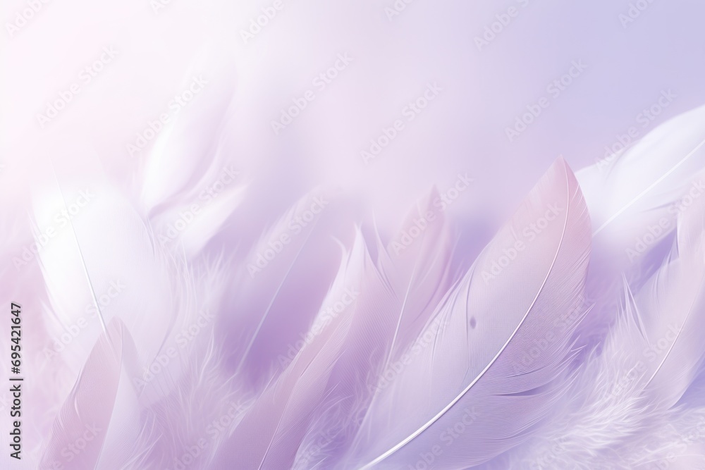 Poster a close up of a white feather on a purple background with a blurry image of the feathers in the fore