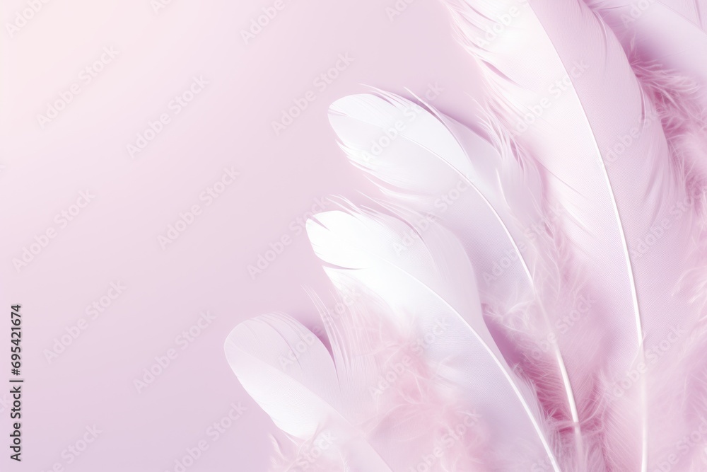 Poster a close up of a pink and white background with lots of feathers on the bottom of the image and the b