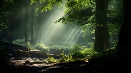 Fototapeta na wymiar Panoramic view of a forest with sunbeams passing through