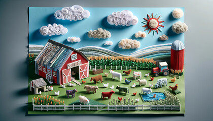A fabric and paper farm scene with animals and a barn in a 16_9 ratio, suitable for a best-seller on Adobe Stock. - obrazy, fototapety, plakaty