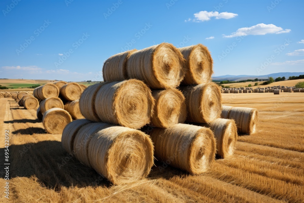 Poster a large stack of hay bales in a field with a blue sky in the background and a few clouds in the sky 