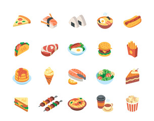 Set of colorful food icons. Bright takeaway food stickers. Hot dog, fries, tacos, sandwich, sushi and coffee. Design for app or menu. Cartoon isometric vector collection isolated on white background