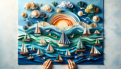 A nautical scene with paper and fabric boats on a paper sea in a 16_9 ratio, realistic and suitable for a best-seller on Adobe Stock. - obrazy, fototapety, plakaty