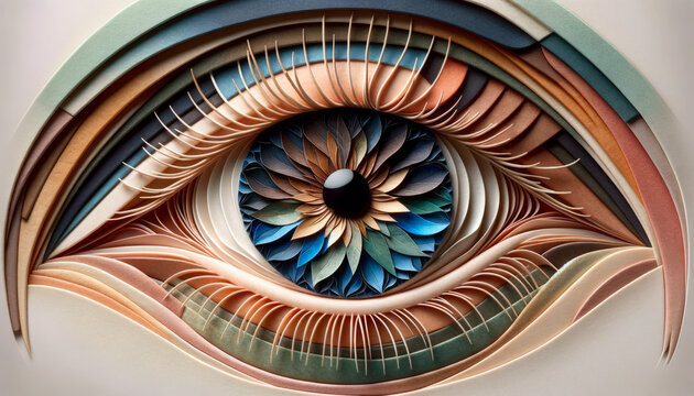 A human eye, intricately detailed with paper and fabric elements to show the iris and pupil in a 16_9 ratio, realistic and suitable for a best-seller .