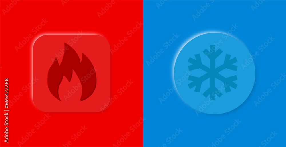 Poster fire and snowflake icon. vector icon of red fire and blue snowflake in neomorphism style for website