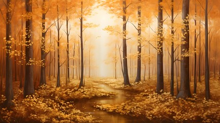 Autumn forest with fog and yellow leaves, panoramic banner