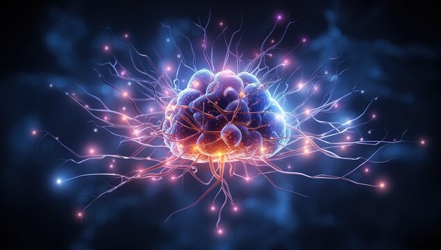 A brain with bright glowing neural connections on a dark background, symbolizing neural activity. The concept of neural networks and artificial intelligence
