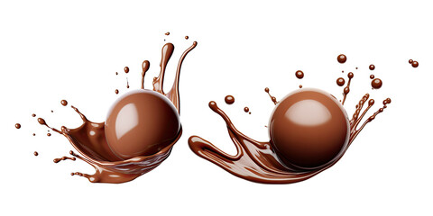 Chocolate ball falling with sauce splashing in the air isolated on transparent background, dessert sweet concept, piece of dark chocolate. - obrazy, fototapety, plakaty