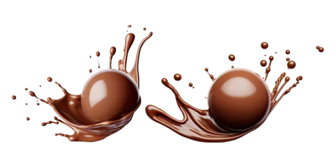 Foto op Plexiglas Chocolate ball falling with sauce splashing in the air isolated on transparent background, dessert sweet concept, piece of dark chocolate. © TANATPON