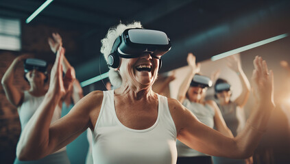 An excited elderly woman with a virtual reality headset on her head, raises her hands in the air in a room with other people. The concept of activity of the elderly