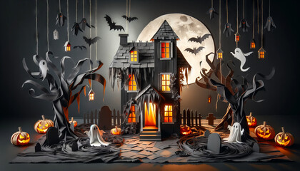 A fabric and paper haunted house with spooky elements in a 16_9 ratio, suitable for a best-seller on Adobe Stock. - obrazy, fototapety, plakaty