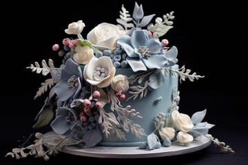  a blue frosted cake with white and blue flowers and leaves on top of a white plate on a black surface with a black back ground and a black background.