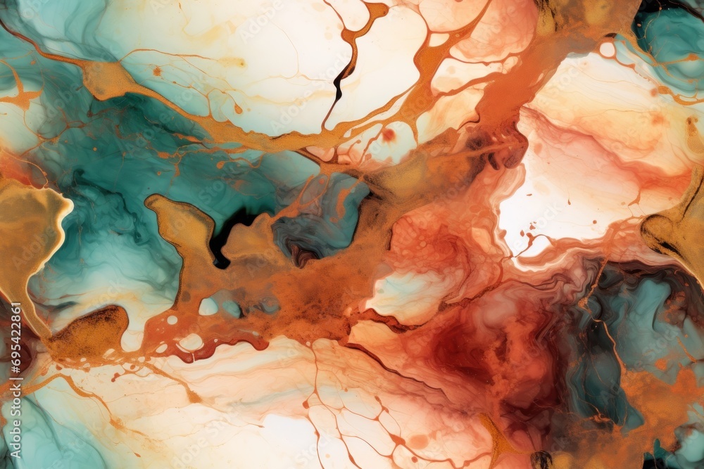 Poster a close up view of a marbled surface with a brown and blue pattern on the top and bottom of the imag