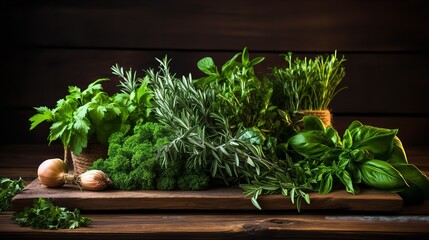 Fresh herbs on a solid background. Ai generative