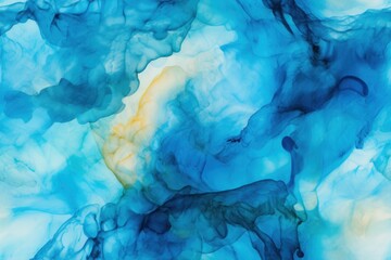  a painting of blue and yellow colors on a white and blue background that looks like a liquid or substance with a yellow line in the middle of the bottom right side of the image.