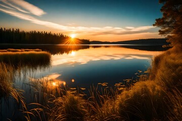 sunset at coast of the lake. Nature landscape. Nature in northern Europe. reflection, blue sky and yellow sunlight. landscape during sunset.
