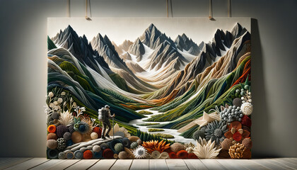 A scenic and artistic depiction of the Tatra Mountains in Slovakia, created using fabric and paper to display various textures and colors.