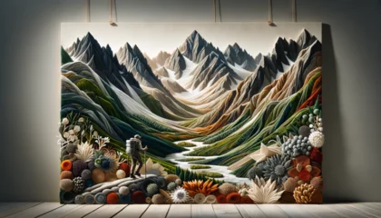 Papier Peint photo Tatras A scenic and artistic depiction of the Tatra Mountains in Slovakia, created using fabric and paper to display various textures and colors.