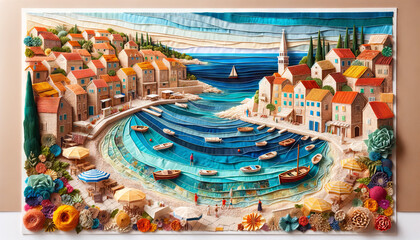 An enchanting and colorful depiction of a coastal town in Croatia with the Adriatic Sea, made using fabric and paper to showcase various textures and .