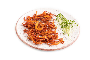 Fried Cordyceps militaris mushrooms isolated on white. Side view, flat lay.