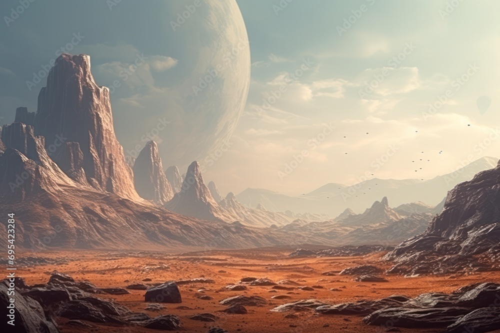 Poster an alien landscape with mountains, rocks, and a distant object in the distance in the distance is a 