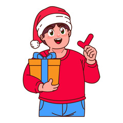 A Boy in a Santa hat holding a Christmas gift