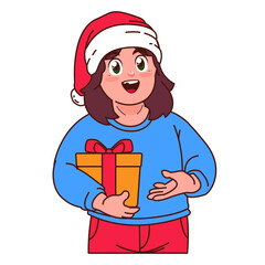 A Girl in a Santa hat holding a Christmas gift