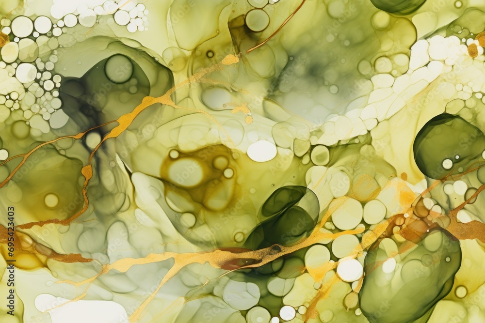 Poster a close up of a painting of green and yellow leaves and bubbles on a white background with a black a