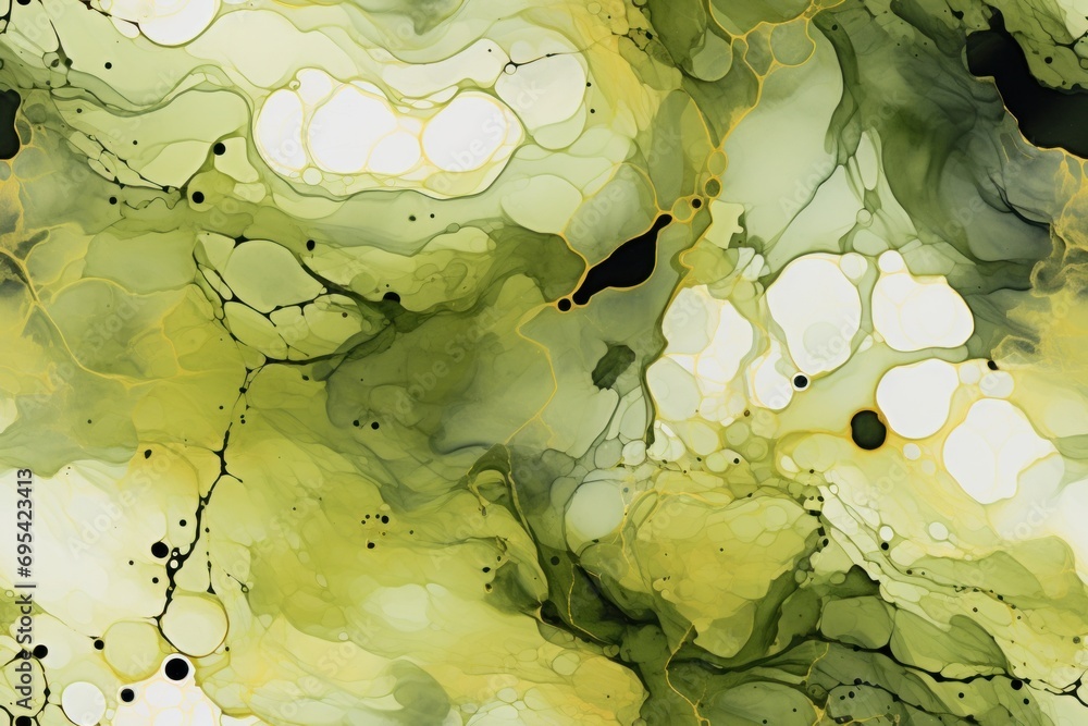 Poster a painting of green and yellow colors with black dots on the bottom of the image and a black dot on 