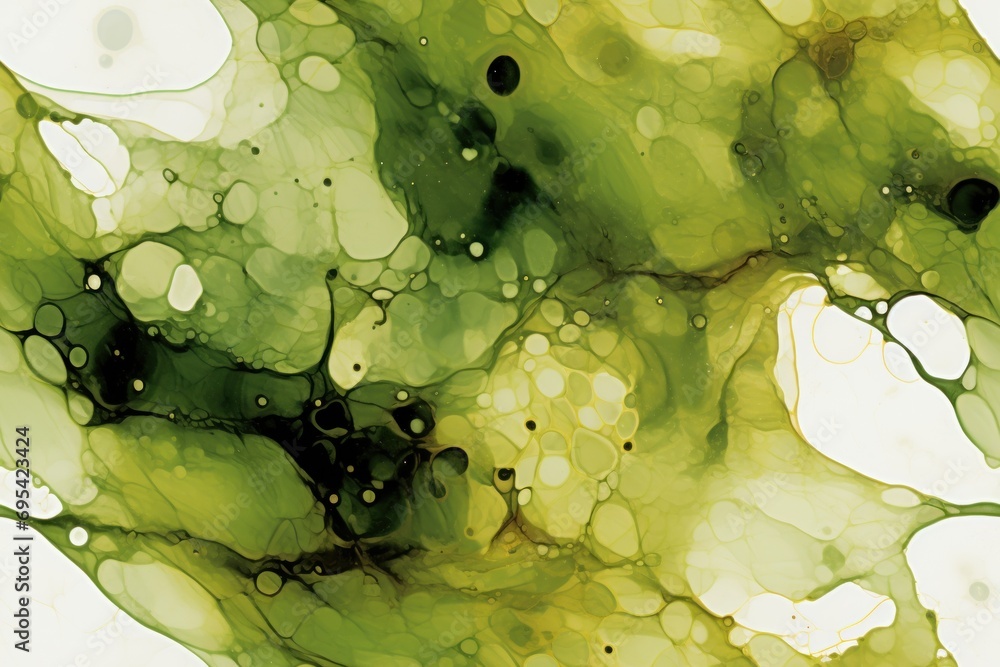Poster a close up of a green and black substance on a white background with a black spot in the middle of t