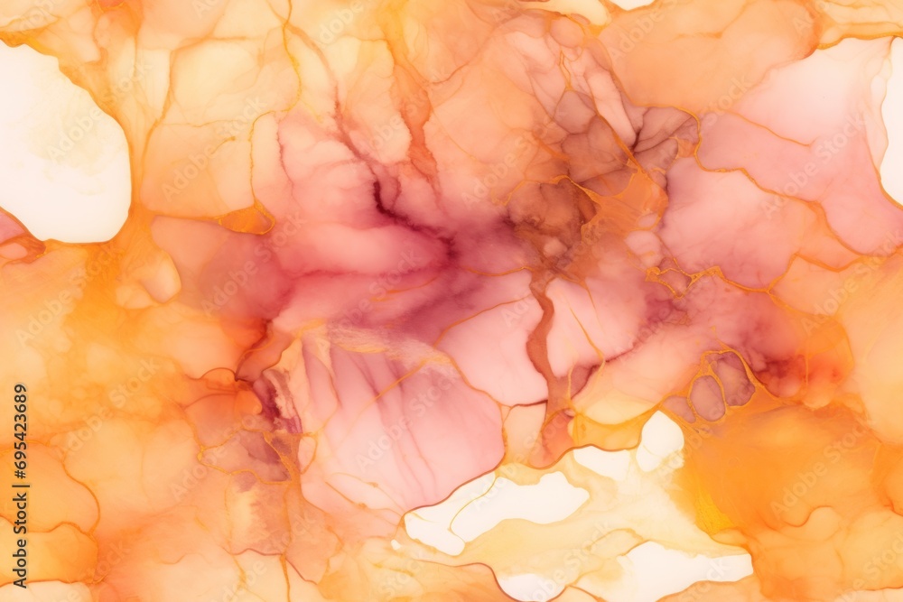 Poster a close up view of a multicolored substance with a white background and a red and yellow design on t