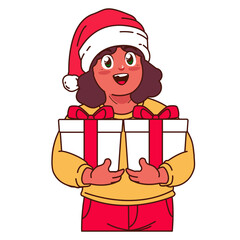 A Girl in a Santa hat holding a Christmas gift