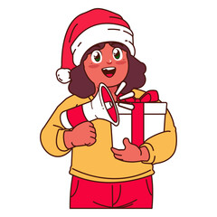 A Girl in a Santa hat holding a Christmas gift