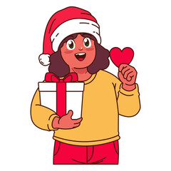 A Girl in a Santa hat holding a Christmas gift