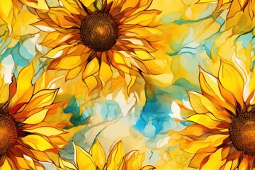  a painting of a bunch of sunflowers on a blue and yellow background with lots of yellow flowers in the middle of the picture and bottom half of the picture. - obrazy, fototapety, plakaty