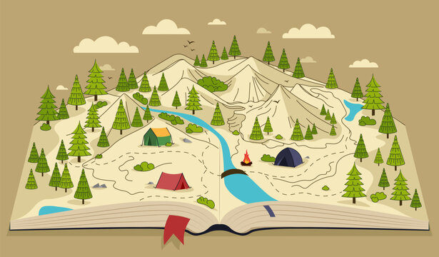 Map with mountains in book. Symbol of great adventures and travels. Tents and tresss, forest and river. Poster with hilly landscape. Cartoon flat vector illustration isolated on brown background