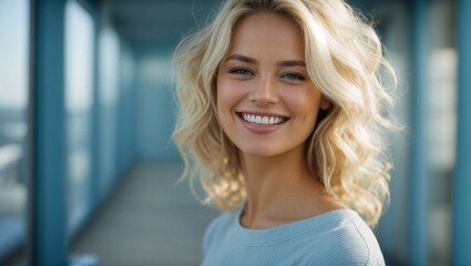Blonde Russian Woman Smiling with Whitened Teeth, Soft Blue Background